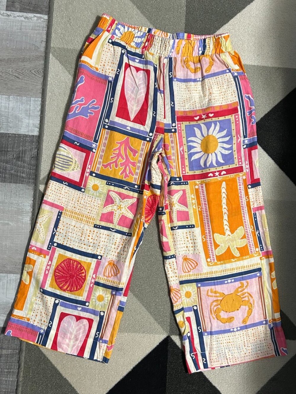 C&C California Beachy Print Linen Blend Wide Leg Cropped Pants Women's L